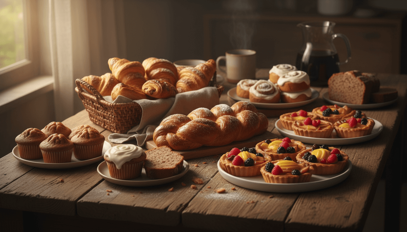 Bolos e pastéis caseiros tradicional português em mesa de madeira com iluminação natural